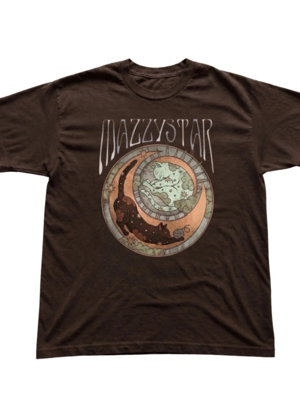 Brown Short-Sleeve Tee with Mazzy Star Cat Graphic
